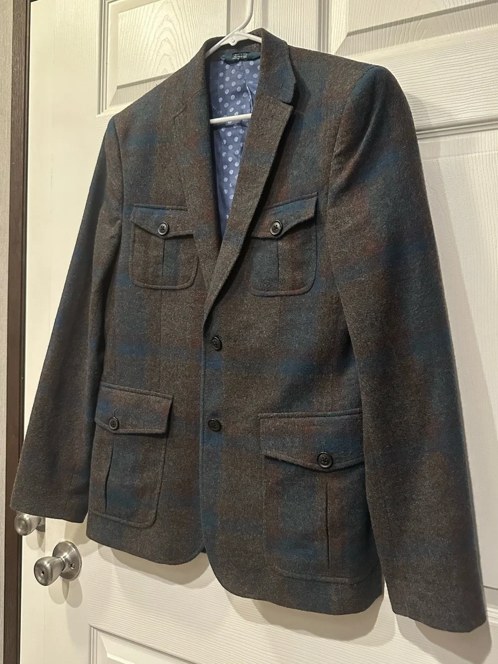 Perry Ellis 50% Wool Grey Blue Brown Plaid Fall Winter Slim Fit Blazer Jacket